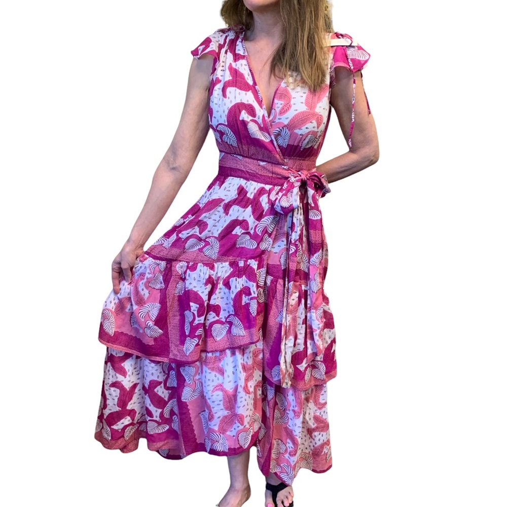 Banjanan Pink White Floral High-Low Wrap Dress